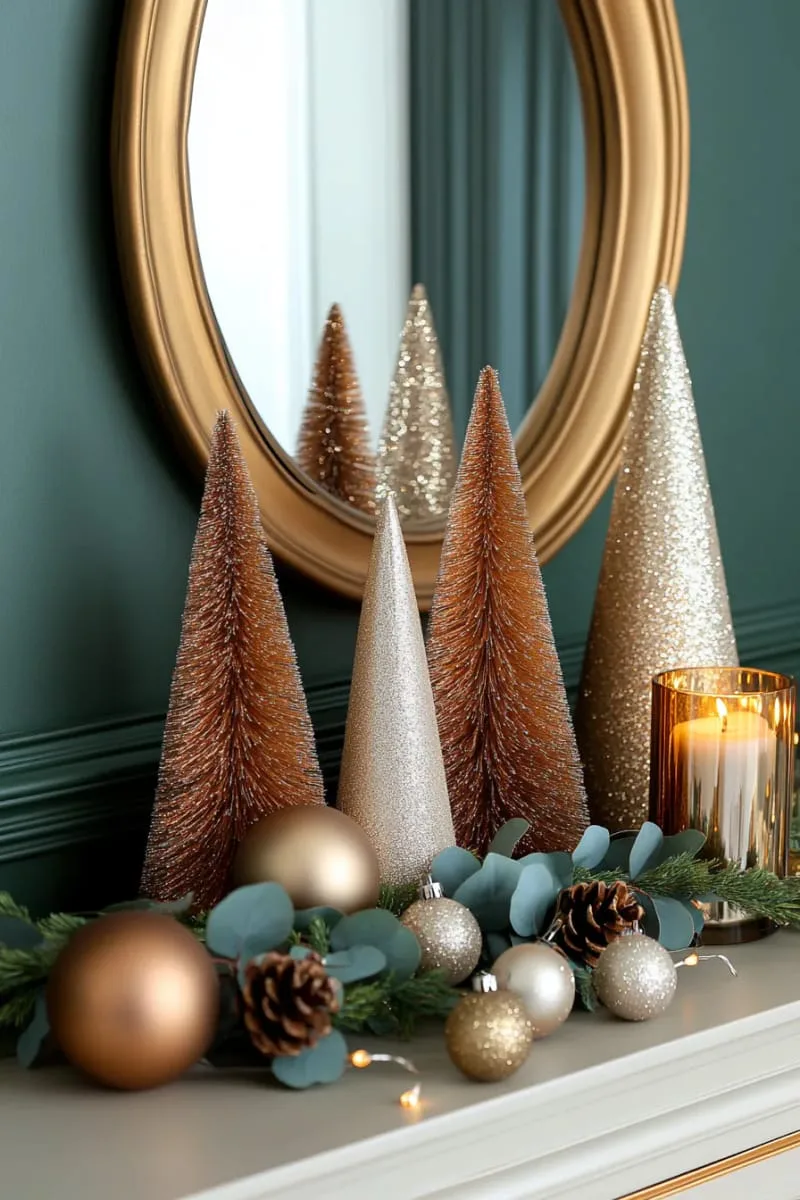 set up a collection of bronze and gold bottlebrush trees on a sideboard. 1
