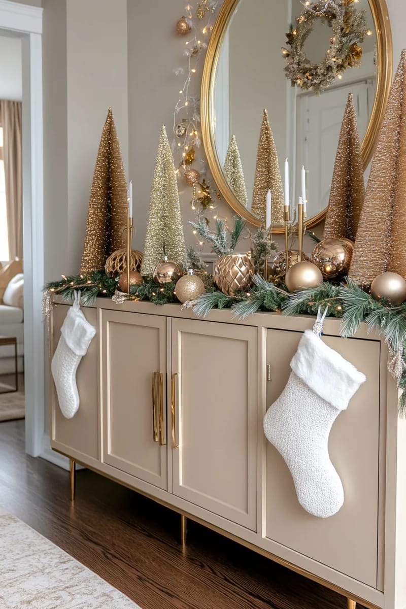 set up a collection of bronze and gold bottlebrush trees on a sideboard. 1