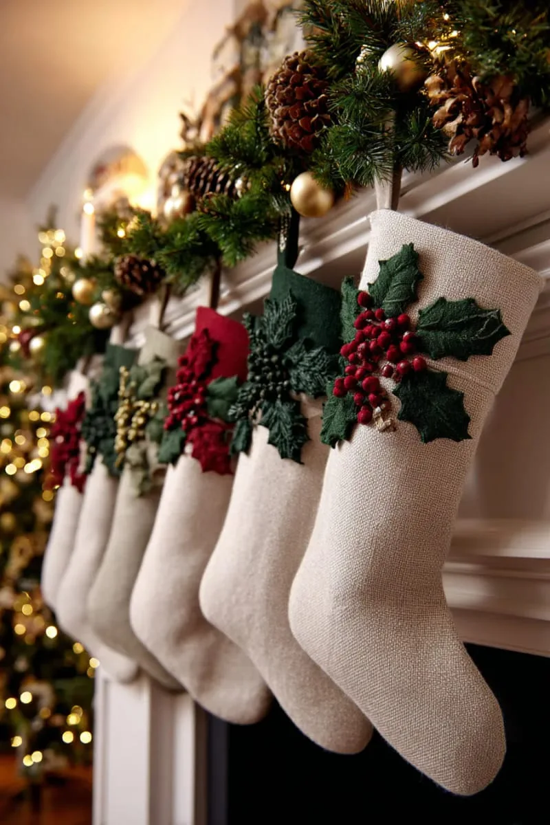 sew felt holly leaves and red berries on neutral stockings for a classic look 1