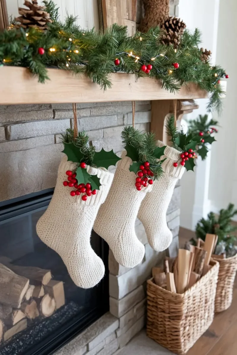 sew felt holly leaves and red berries on neutral stockings for a classic look 1