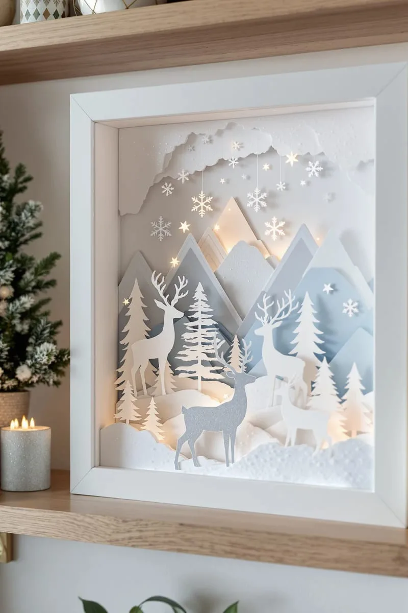 shadowbox paper reindeer scenes with contrasting snowy backgrounds 1