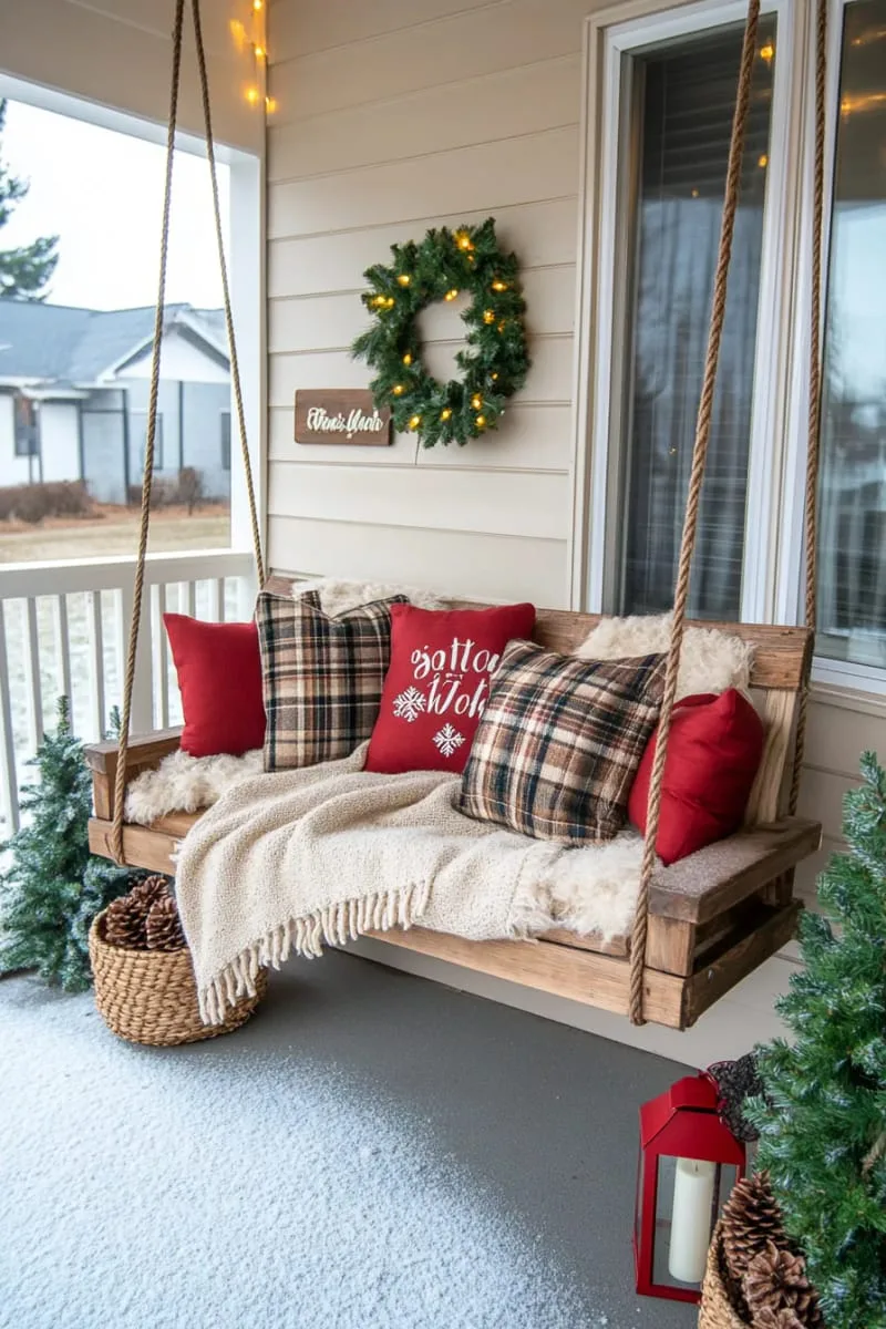 15 She Shed Christmas Decor Ideas For A Unique Winter Wonderland 25 she shed porch swing covered in cozy blankets and christmas pillows 1