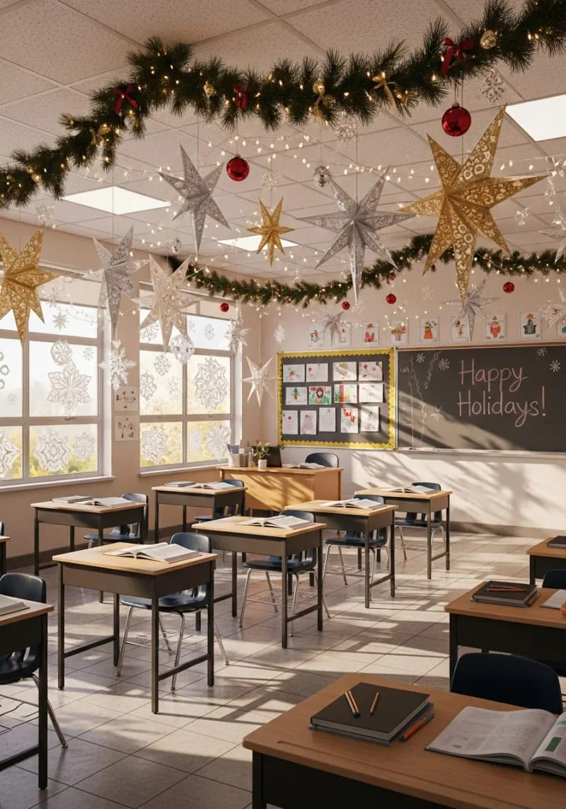21 Festive Classroom Christmas Decor Ideas for a Joyful Season 68 shimmering gold and silver star mobiles hanging above desks 1
