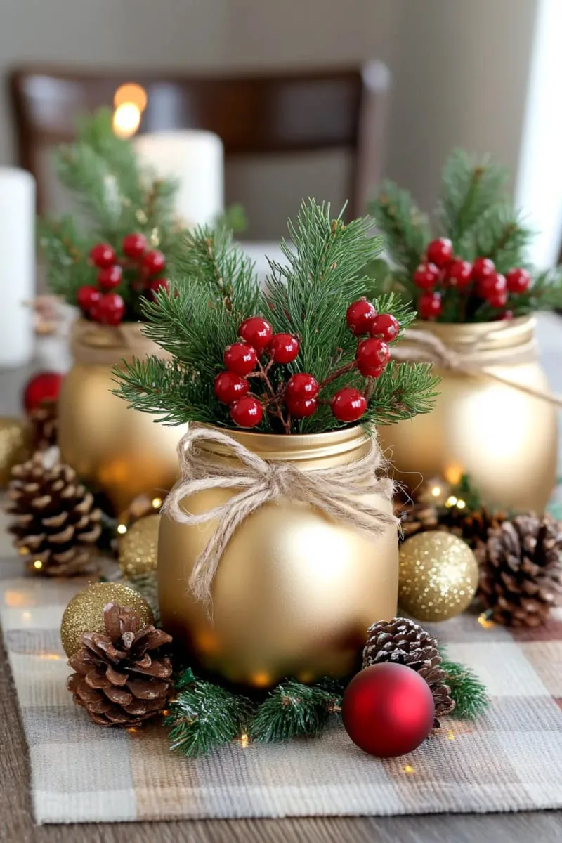 15 Easy DIY Christmas Centerpieces to Brighten the Yuletide Season 41 shimmering gold-painted mason jars tied with twine and filled with greenery 1