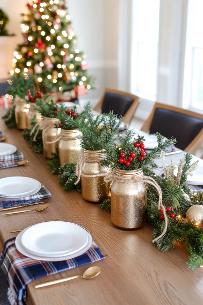 shimmering gold-painted mason jars tied with twine and filled with greenery 1