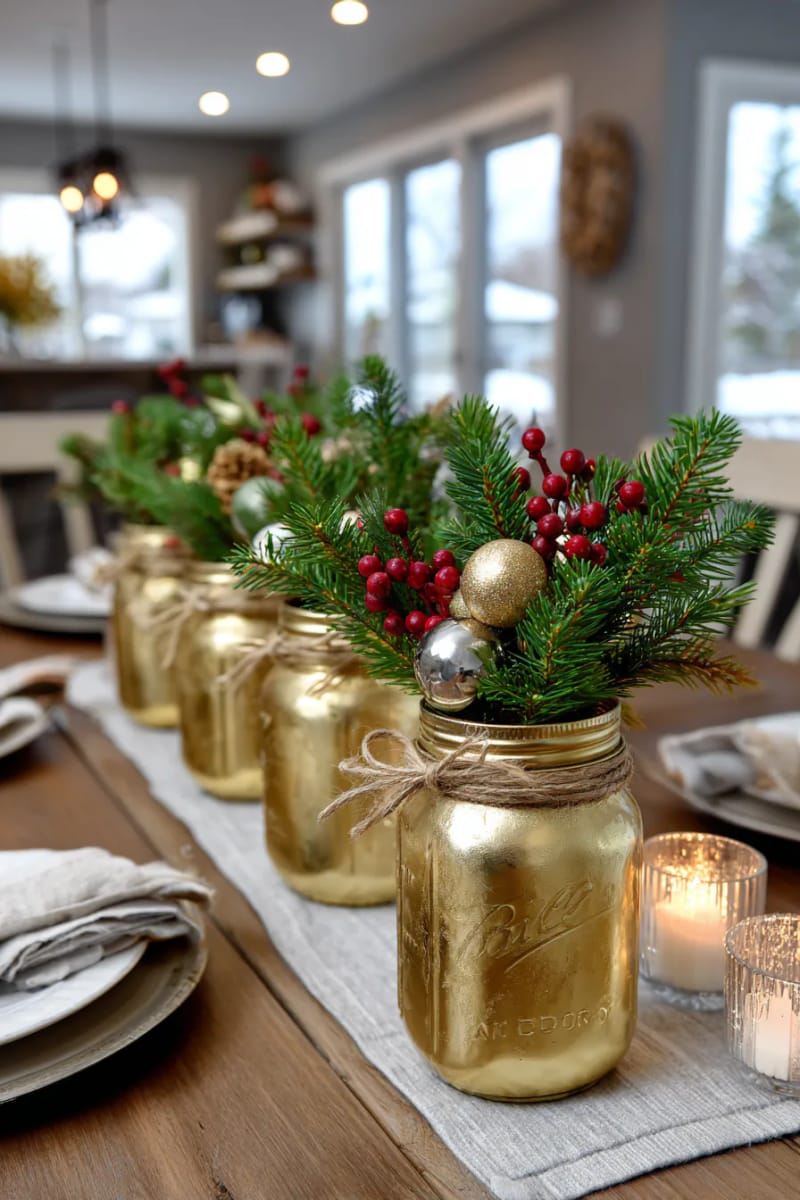 shimmering gold-painted mason jars tied with twine and filled with greenery 1