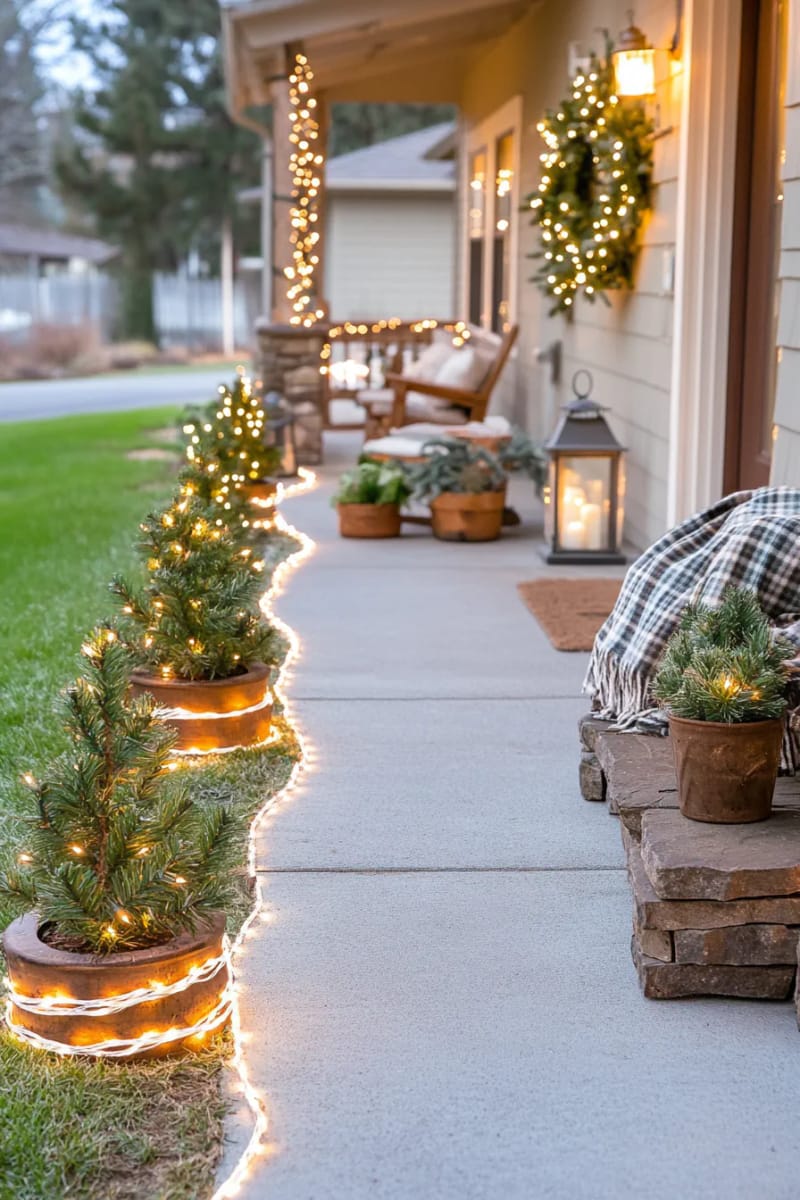 simple glowing pathway outlined with rope lights and mini pine trees 1