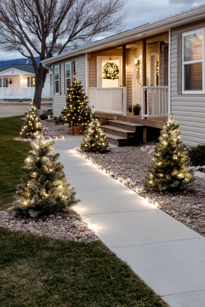 simple glowing pathway outlined with rope lights and mini pine trees 1