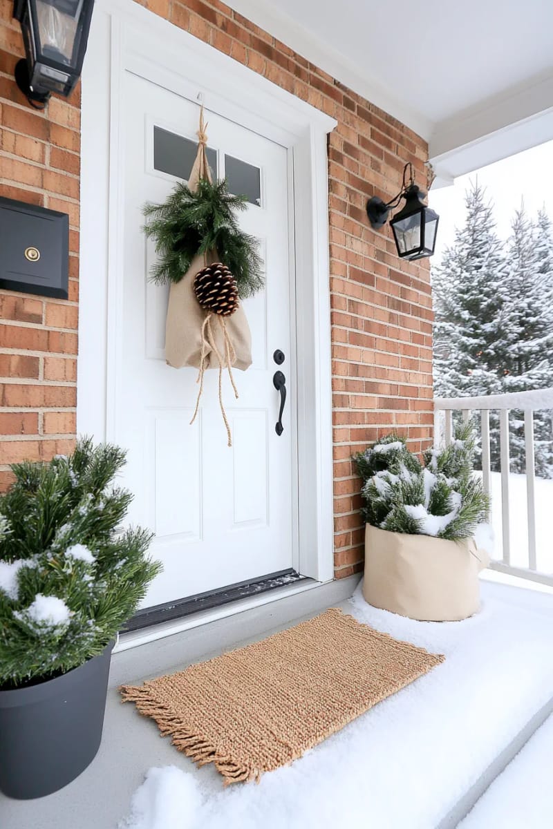 simple pinecone swag with twine hung from porch light 1
