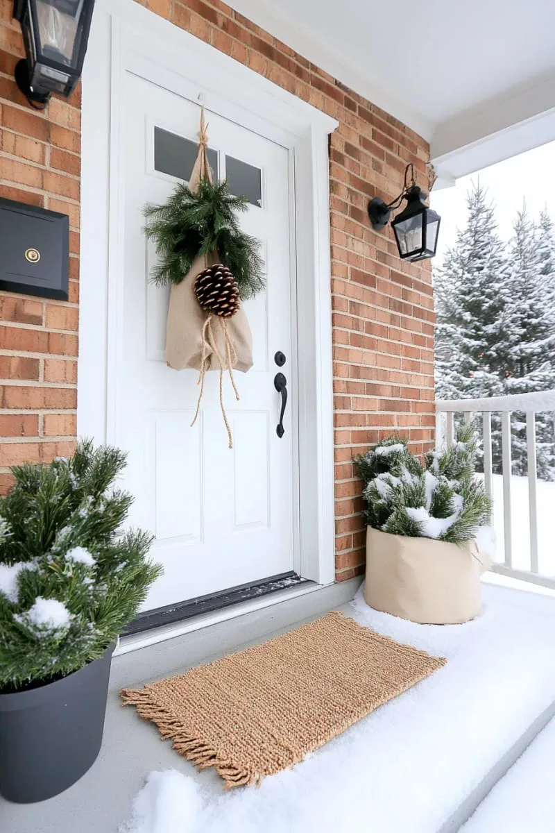 simple pinecone swag with twine hung from porch light 1