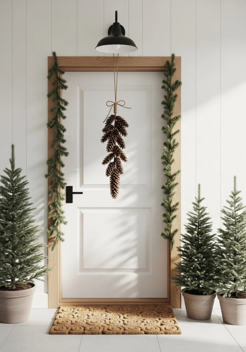 simple pinecone swag with twine hung from porch light 1