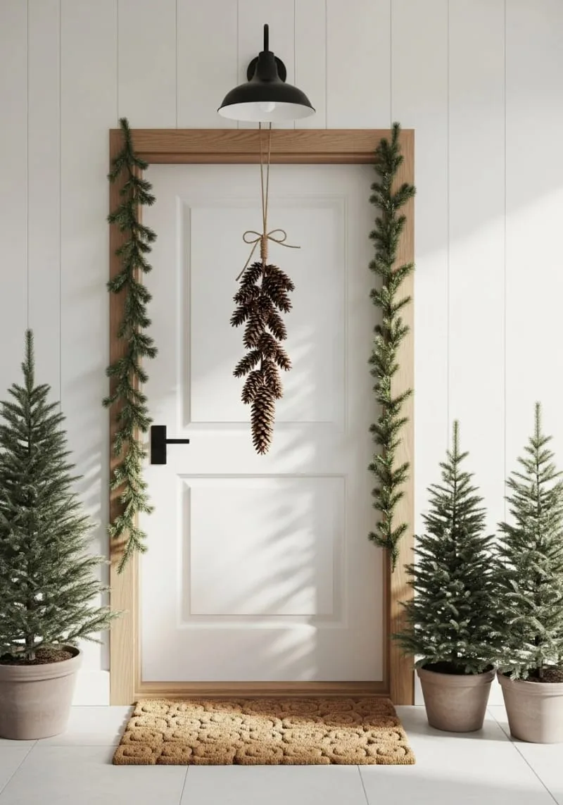 simple pinecone swag with twine hung from porch light 1