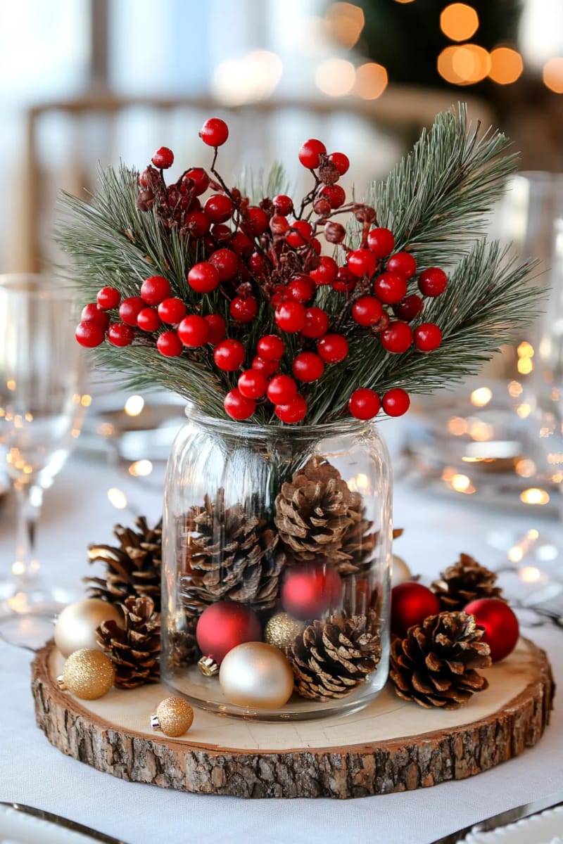 simple vase with faux red berries and pinecones on a wood slice 1