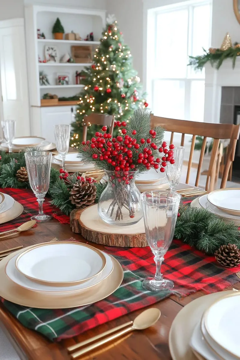 15 Easy DIY Christmas Centerpieces to Brighten the Yuletide Season 25 simple vase with faux red berries and pinecones on a wood slice 1