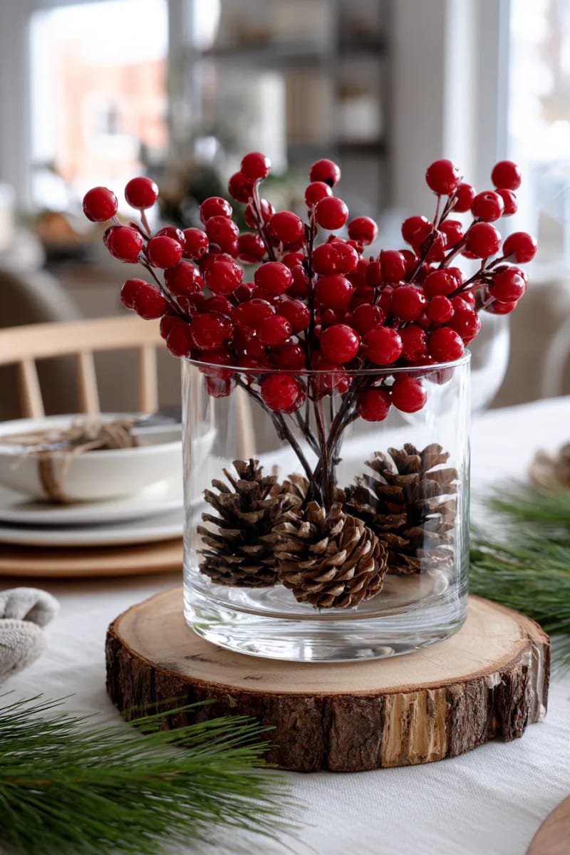 simple vase with faux red berries and pinecones on a wood slice 1