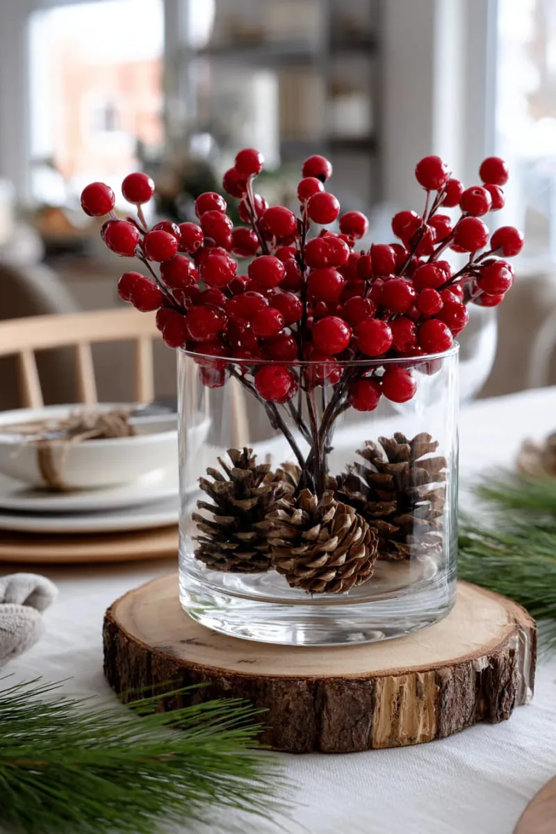 15 Easy DIY Christmas Centerpieces to Brighten the Yuletide Season 30 simple vase with faux red berries and pinecones on a wood slice 1