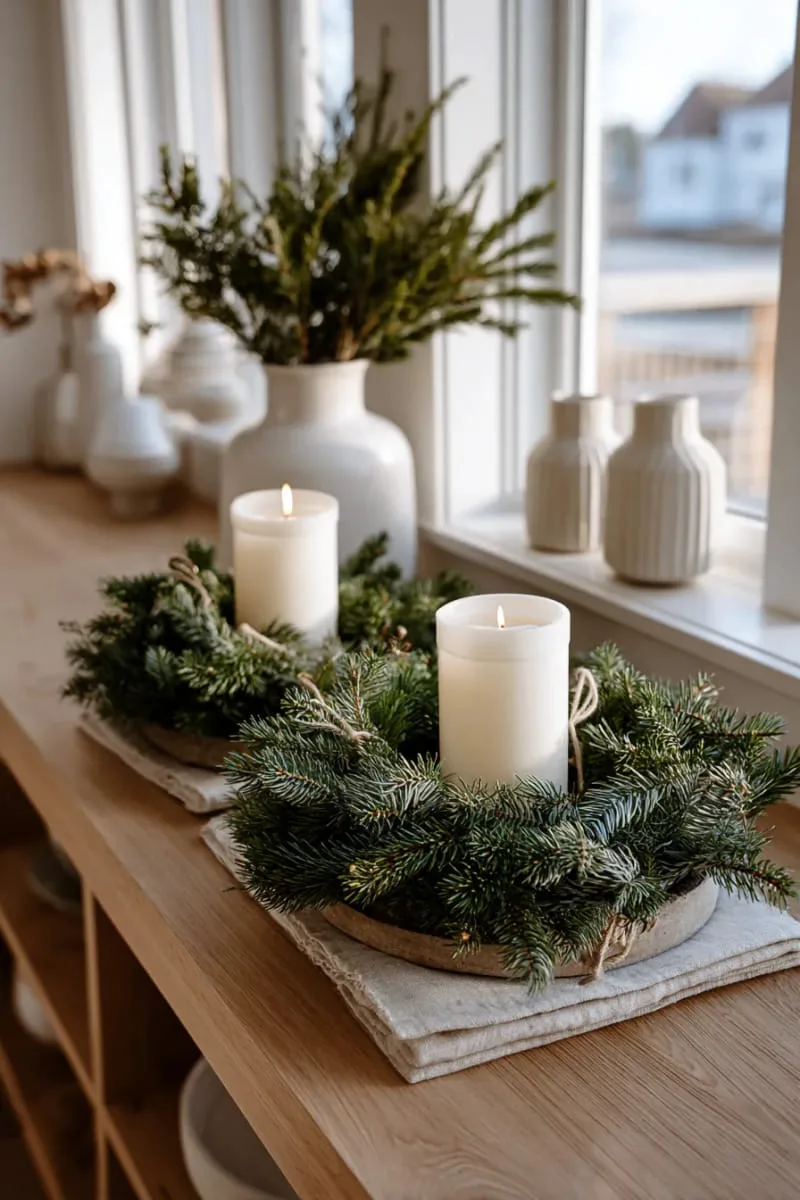 simple wreaths made with evergreens and a single white candle 1