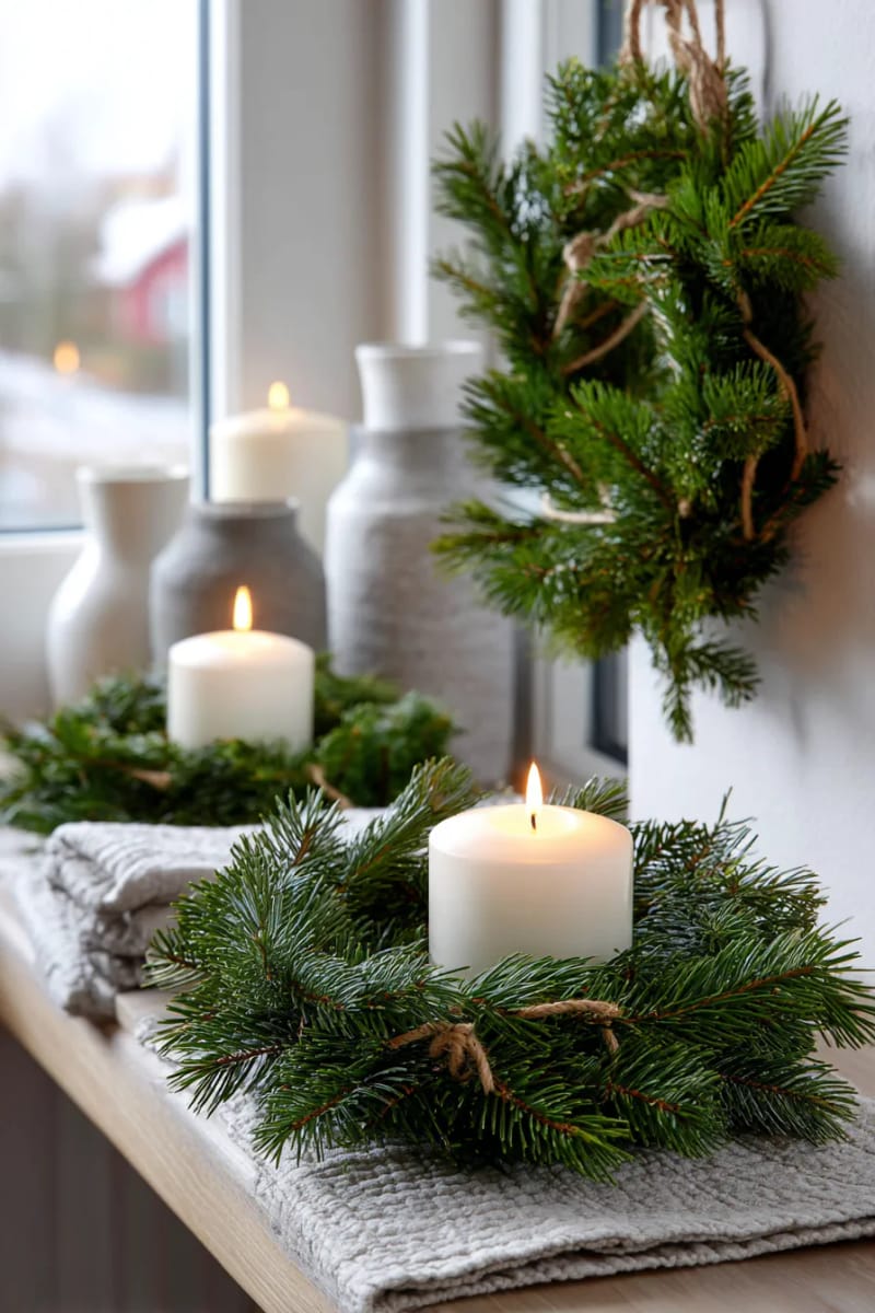 21 Scandinavian Christmas Decorations Ideas To Bring Nordic Charm at Home 28 simple wreaths made with evergreens and a single white candle 1