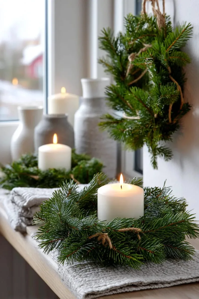 simple wreaths made with evergreens and a single white candle 1