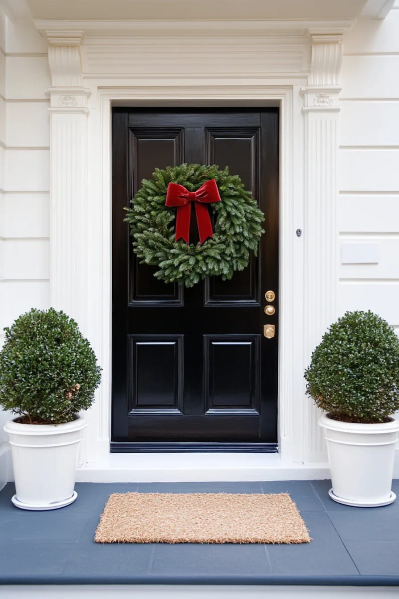 single pine wreath with velvet ribbon on a black front door 1