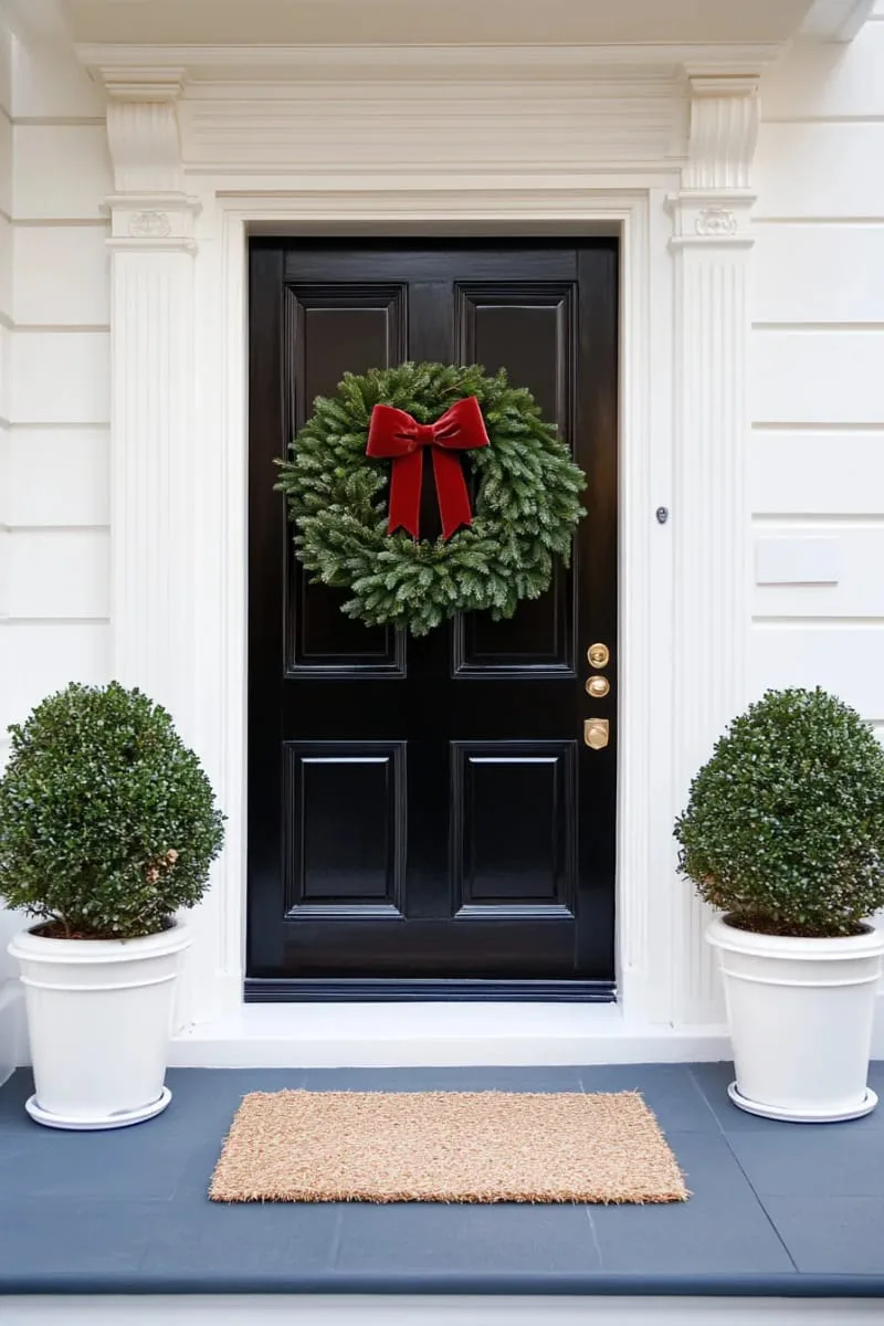single pine wreath with velvet ribbon on a black front door 1
