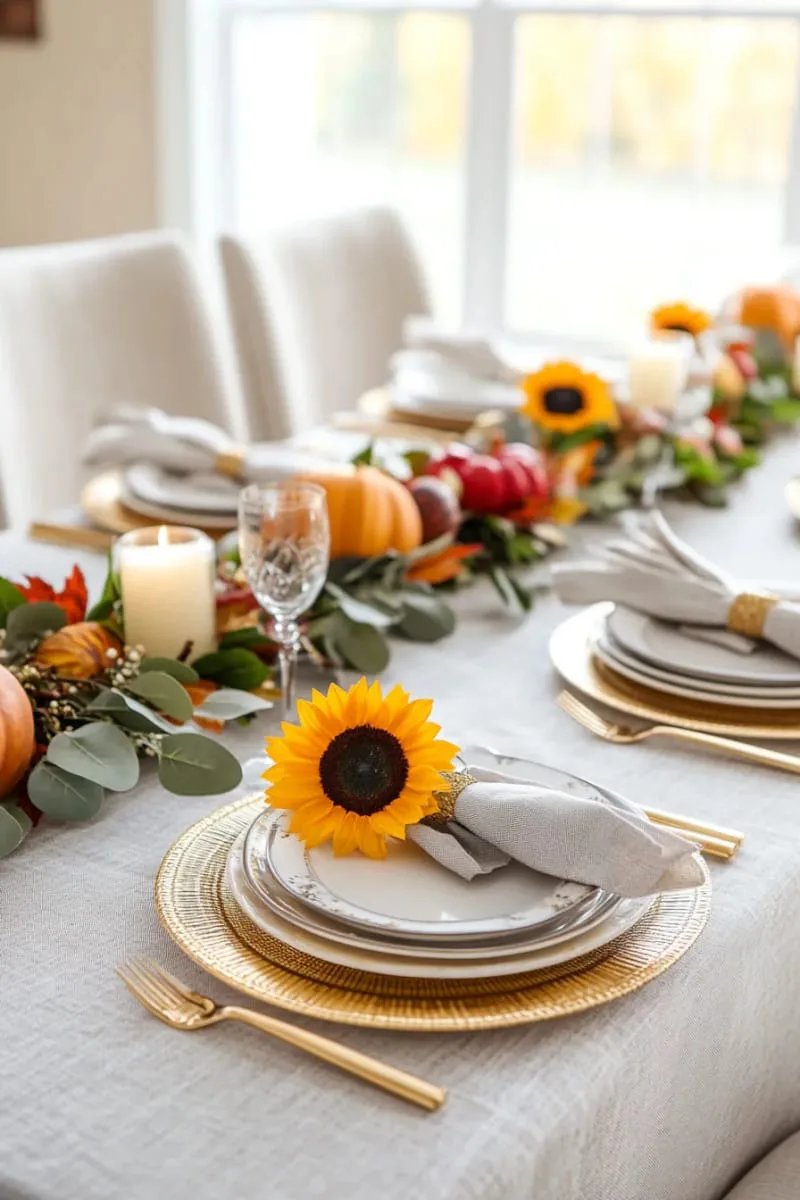single sunflower stems tucked into folded napkins 1