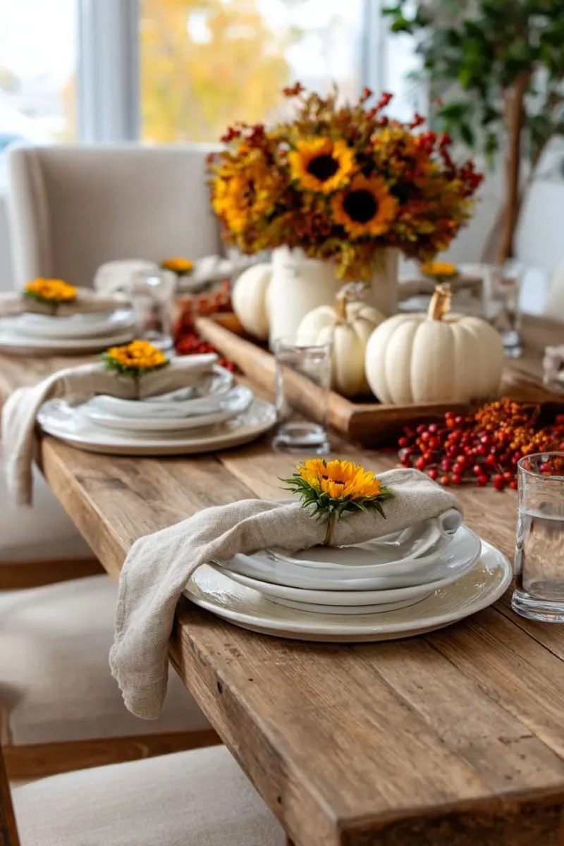 single sunflower stems tucked into folded napkins 1