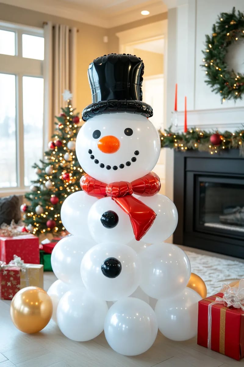 snowman sculpture with white balloons, black hat, carrot nose, and scarf 1