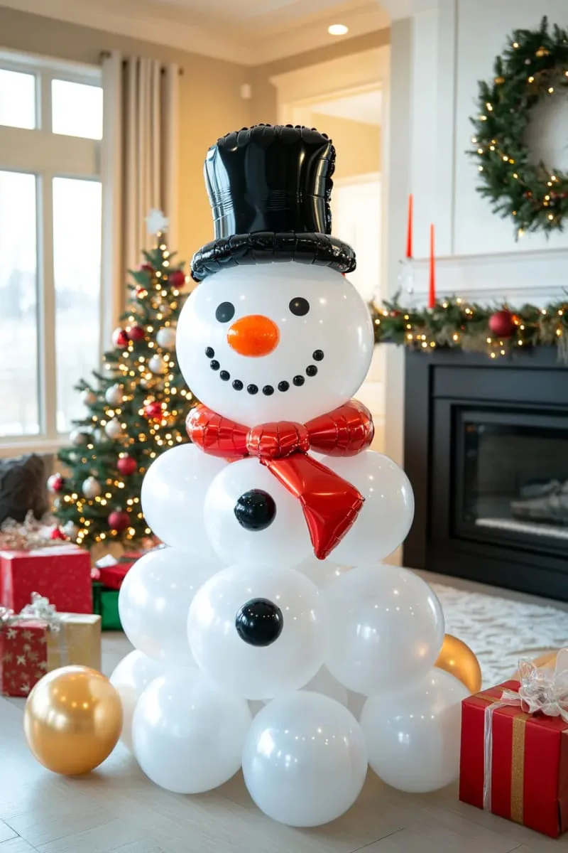 21 Christmas Balloon Decor Ideas for a Fun and Festive Holiday 8 snowman sculpture with white balloons, black hat, carrot nose, and scarf 1