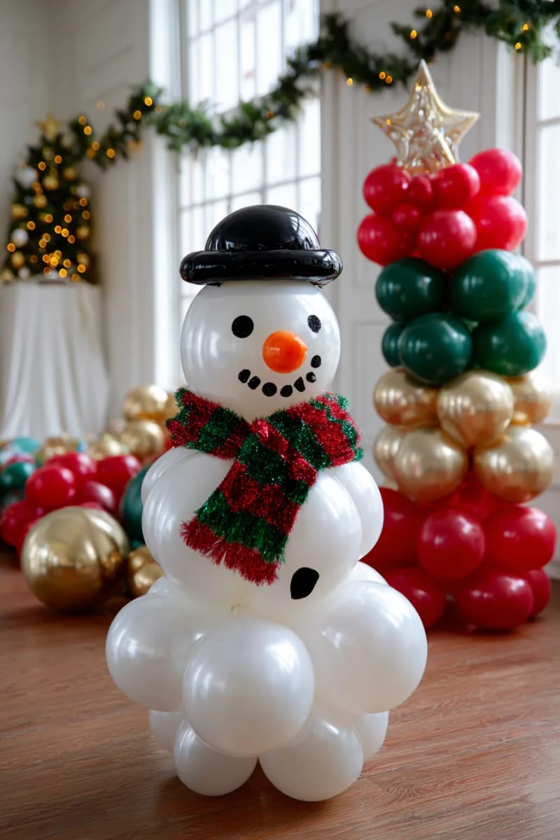 snowman sculpture with white balloons, black hat, carrot nose, and scarf 1