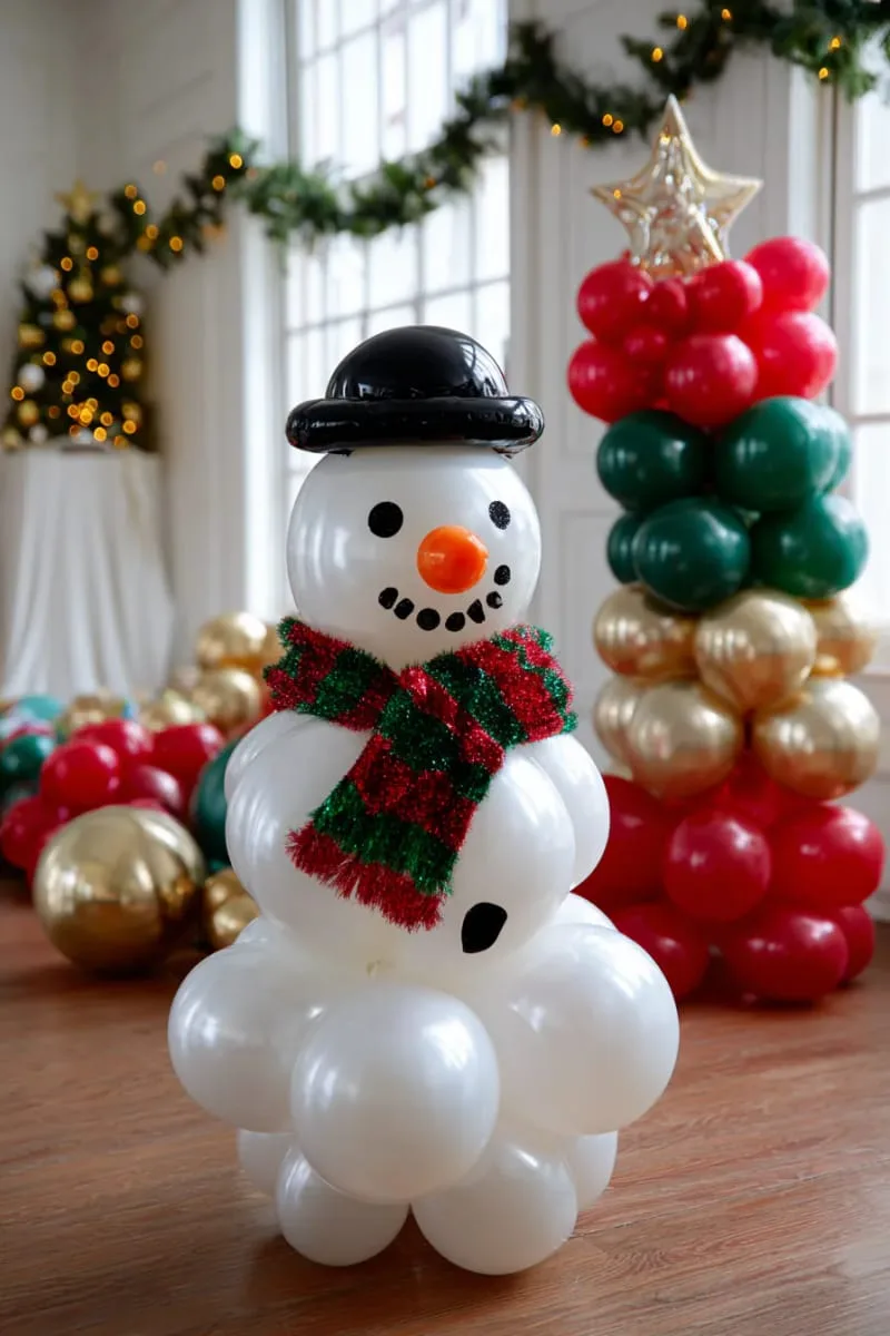 21 Christmas Balloon Decor Ideas for a Fun and Festive Holiday 9 snowman sculpture with white balloons, black hat, carrot nose, and scarf 1