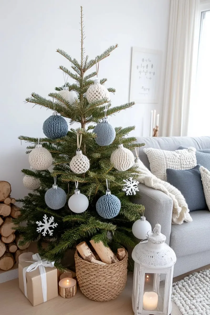 soft knit baubles in muted blue, gray, and cream on the christmas tree 1