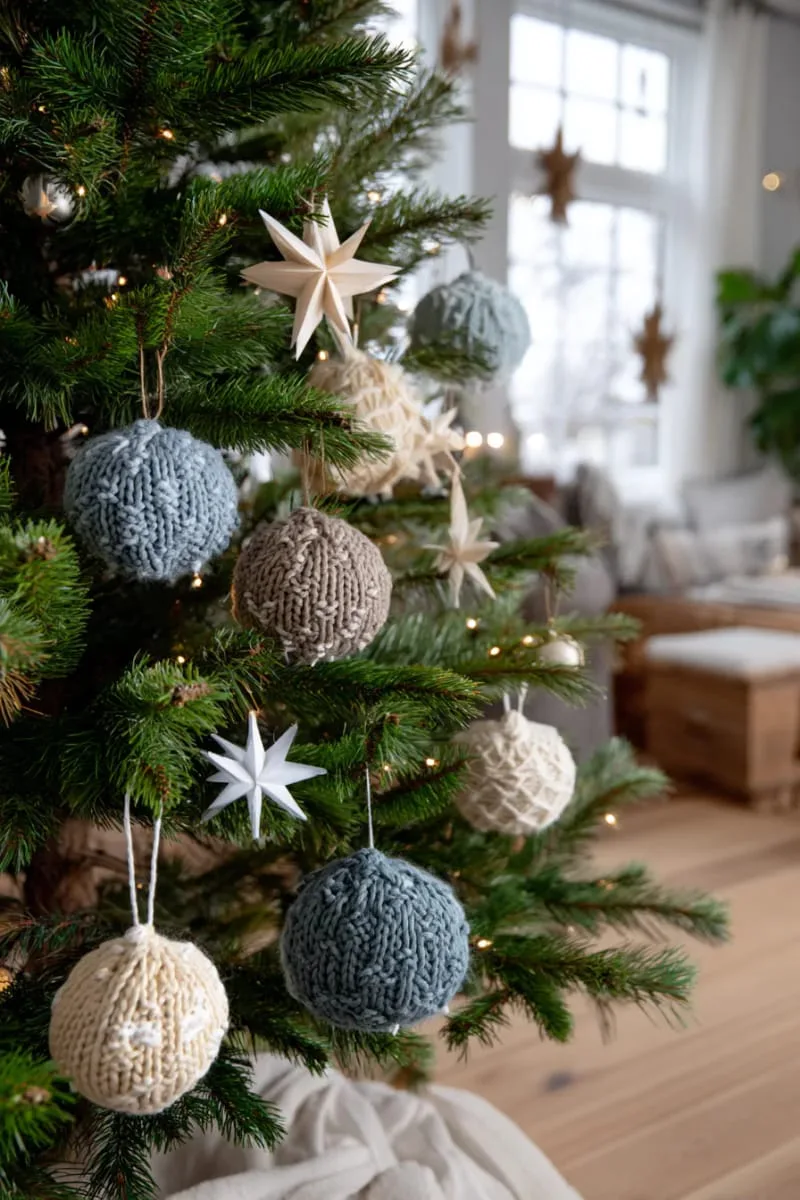 soft knit baubles in muted blue, gray, and cream on the christmas tree 1