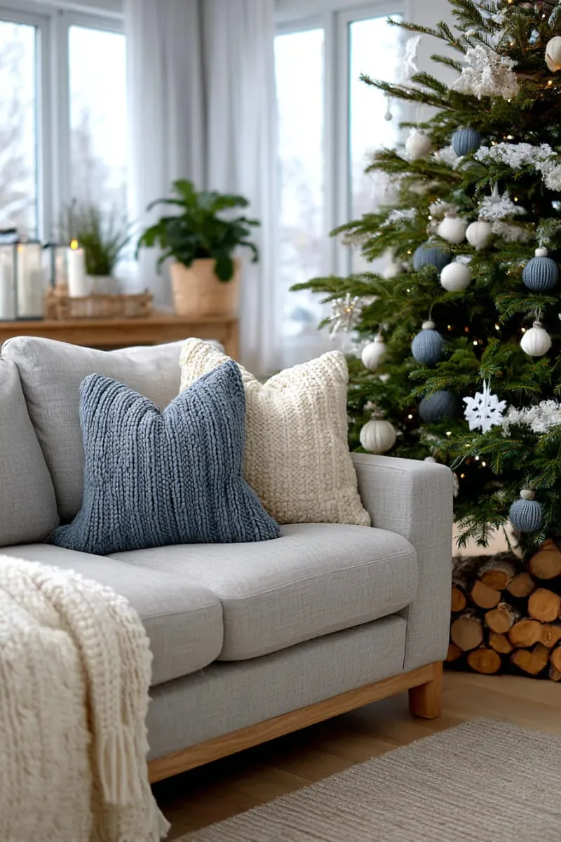 soft knit baubles in muted blue, gray, and cream on the christmas tree 1