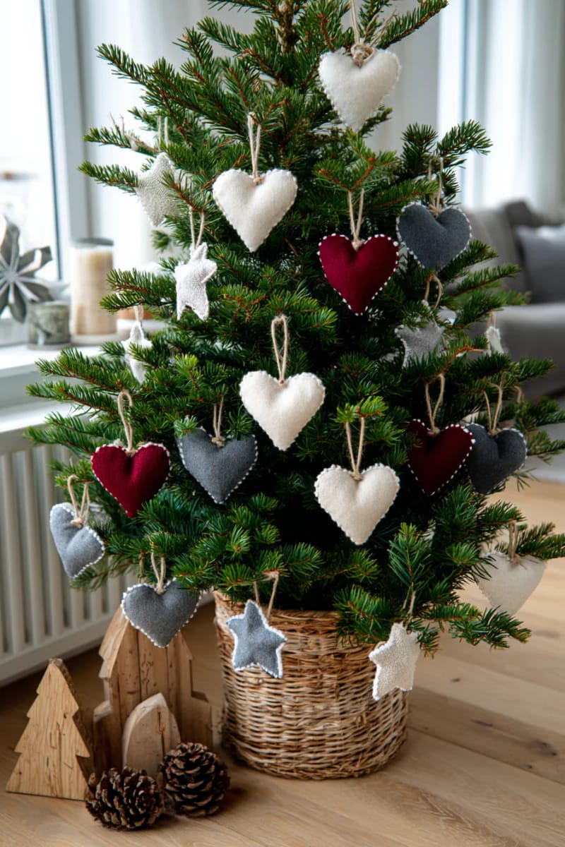 21 Scandinavian Christmas Decorations Ideas To Bring Nordic Charm at Home 9 soft wool felt hearts and stars hanging from rustic twine on a tree 1