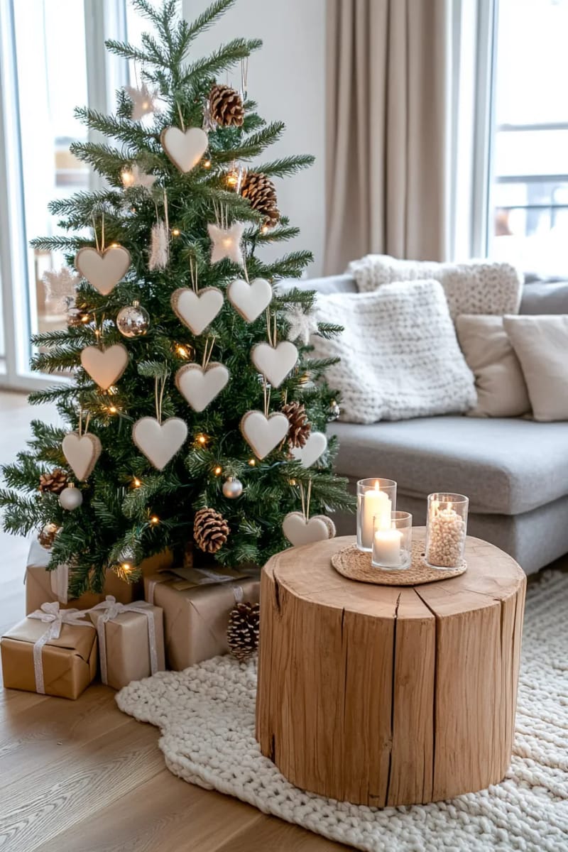 21 Scandinavian Christmas Decorations Ideas To Bring Nordic Charm at Home 10 soft wool felt hearts and stars hanging from rustic twine on a tree 1
