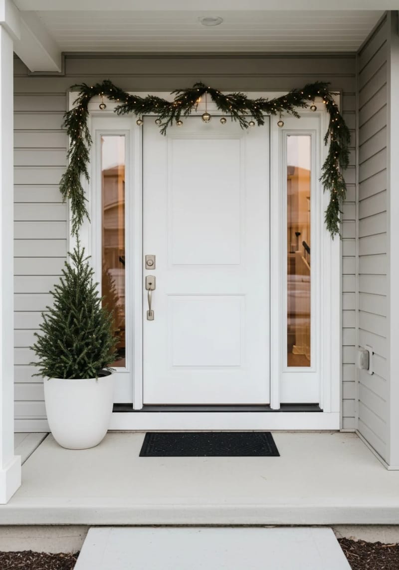 sparse greenery garland with tiny gold bells above the door 1