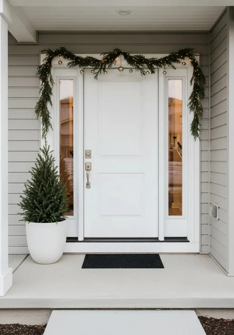 sparse greenery garland with tiny gold bells above the door 1