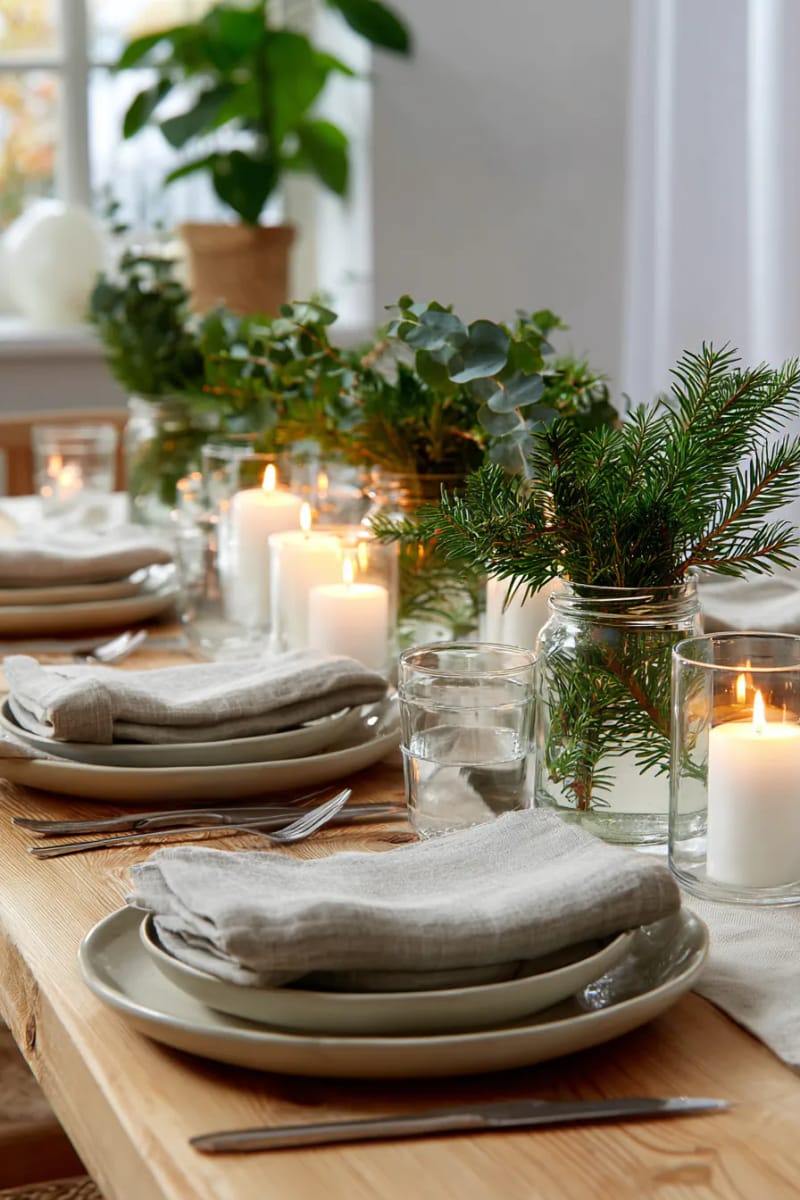 21 Scandinavian Christmas Decorations Ideas To Bring Nordic Charm at Home 13 sprigs of pine and eucalyptus in glass jars as understated table centerpieces 1