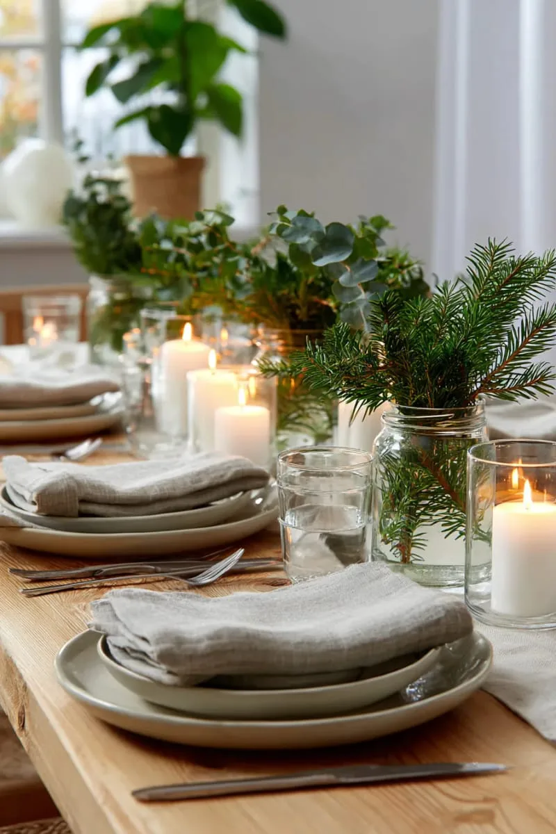 sprigs of pine and eucalyptus in glass jars as understated table centerpieces 1