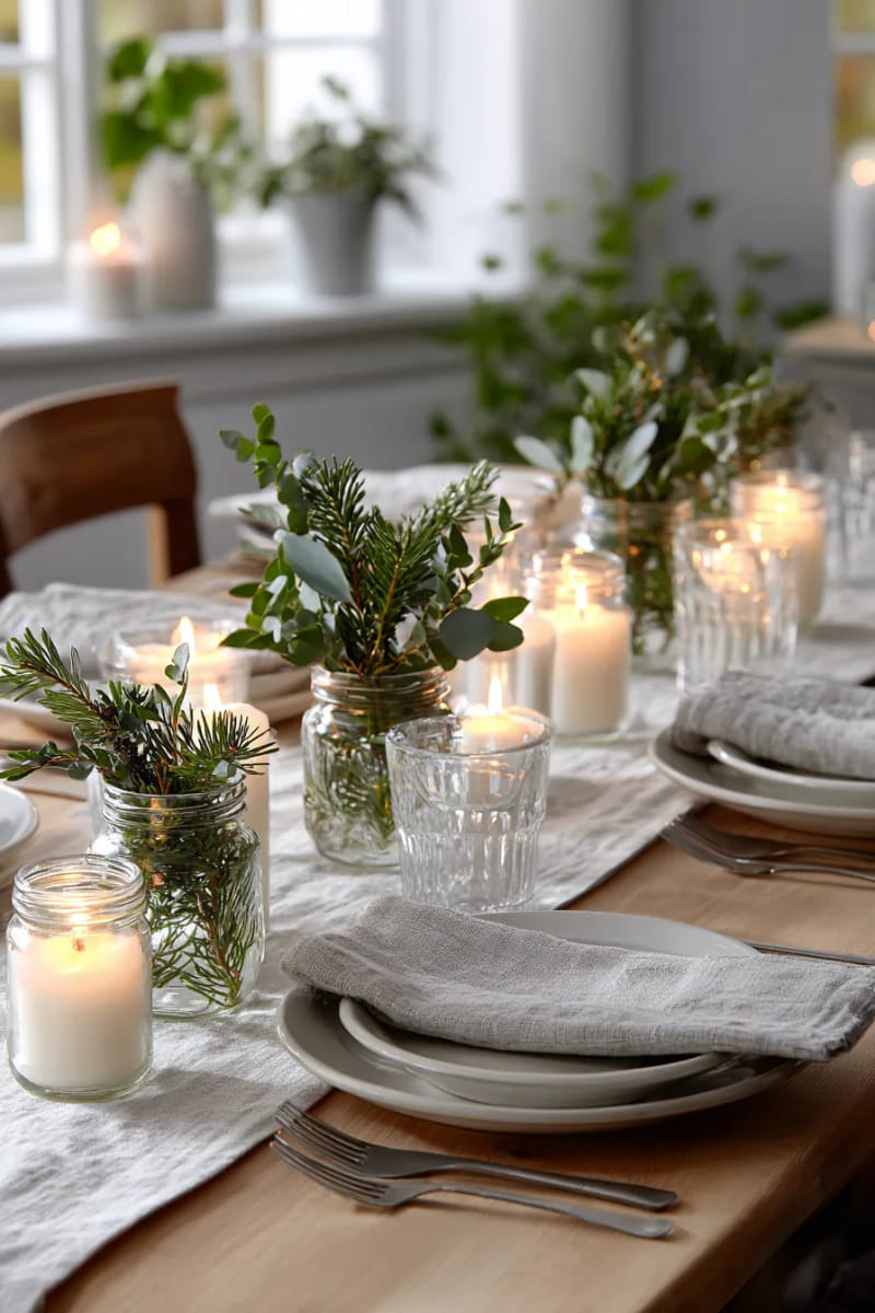 21 Scandinavian Christmas Decorations Ideas To Bring Nordic Charm at Home 14 sprigs of pine and eucalyptus in glass jars as understated table centerpieces 1