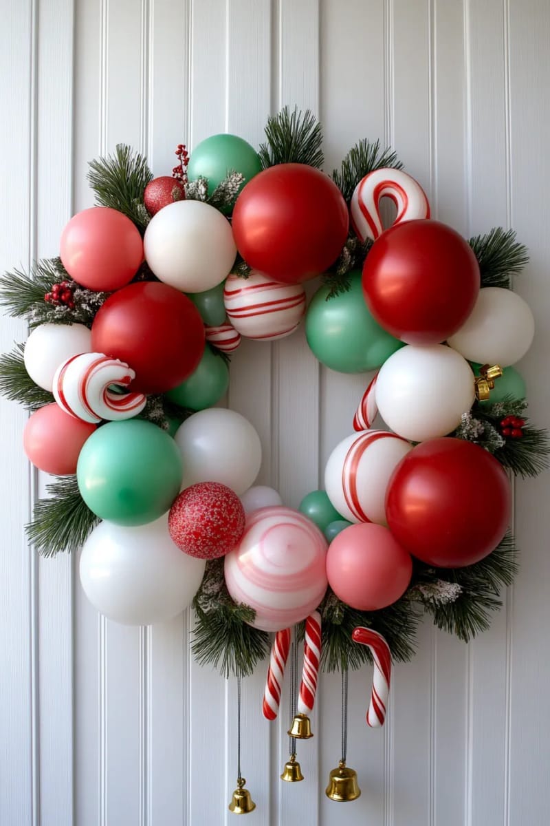square balloon wreath with candy canes and little gold bells attached 1