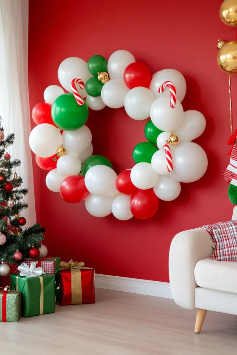square balloon wreath with candy canes and little gold bells attached 1