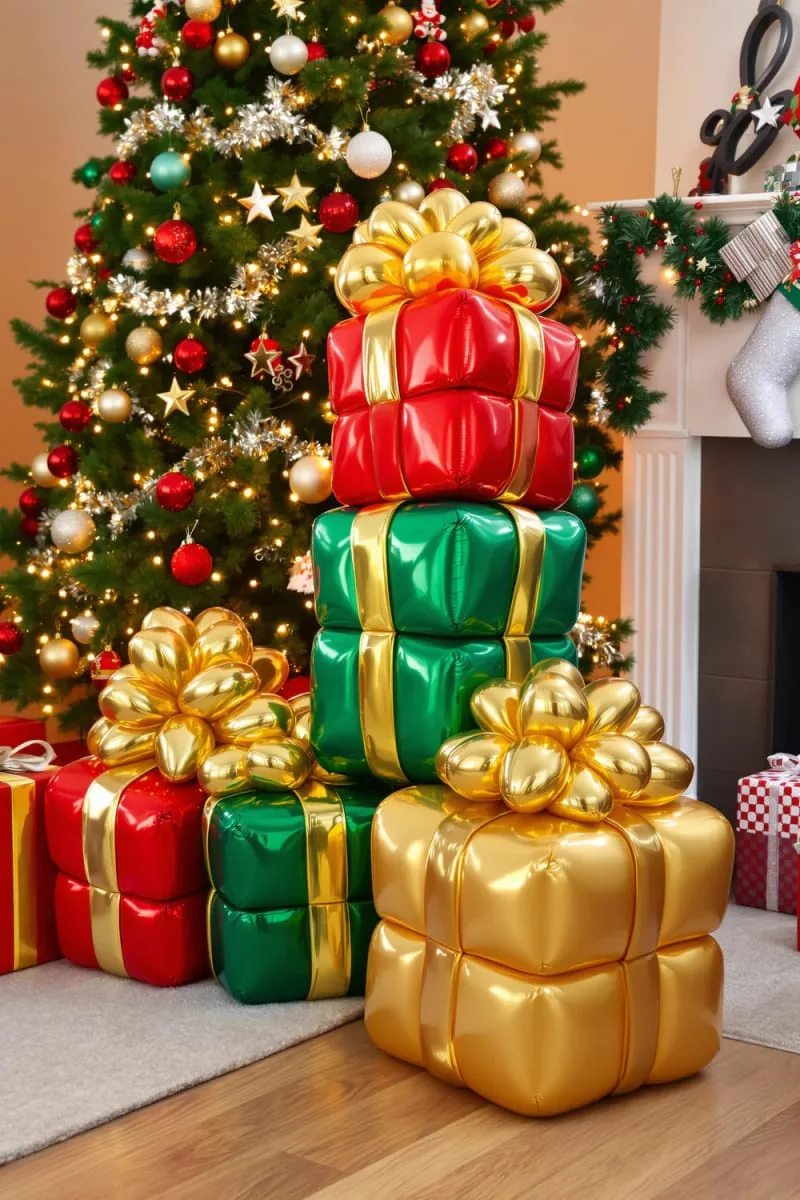 21 Christmas Balloon Decor Ideas for a Fun and Festive Holiday 12 stacked balloon christmas presents with shiny bows under the tree 1