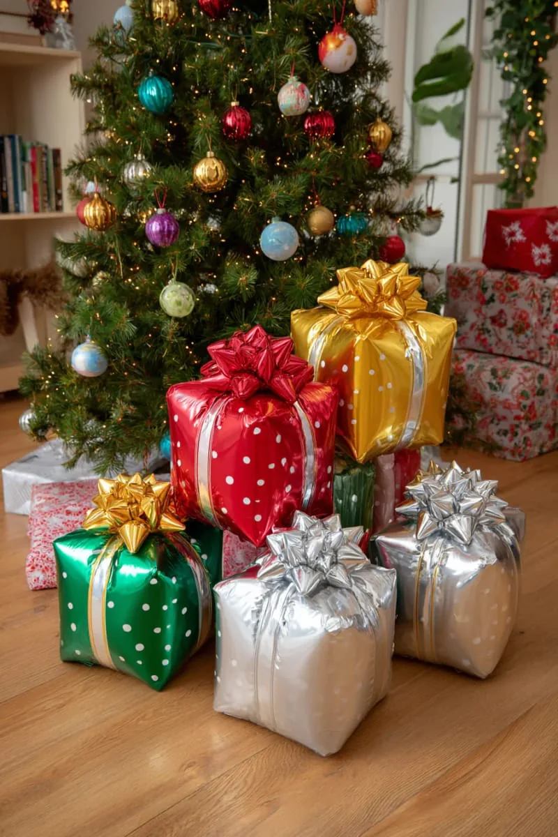21 Christmas Balloon Decor Ideas for a Fun and Festive Holiday 13 stacked balloon christmas presents with shiny bows under the tree 1