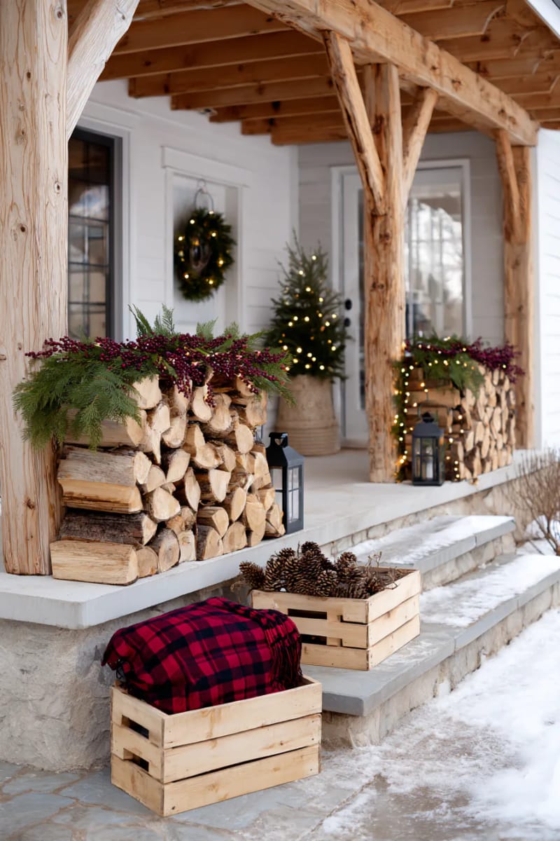 stacked firewood display with fairy lights and cranberry garlands near the entry 1
