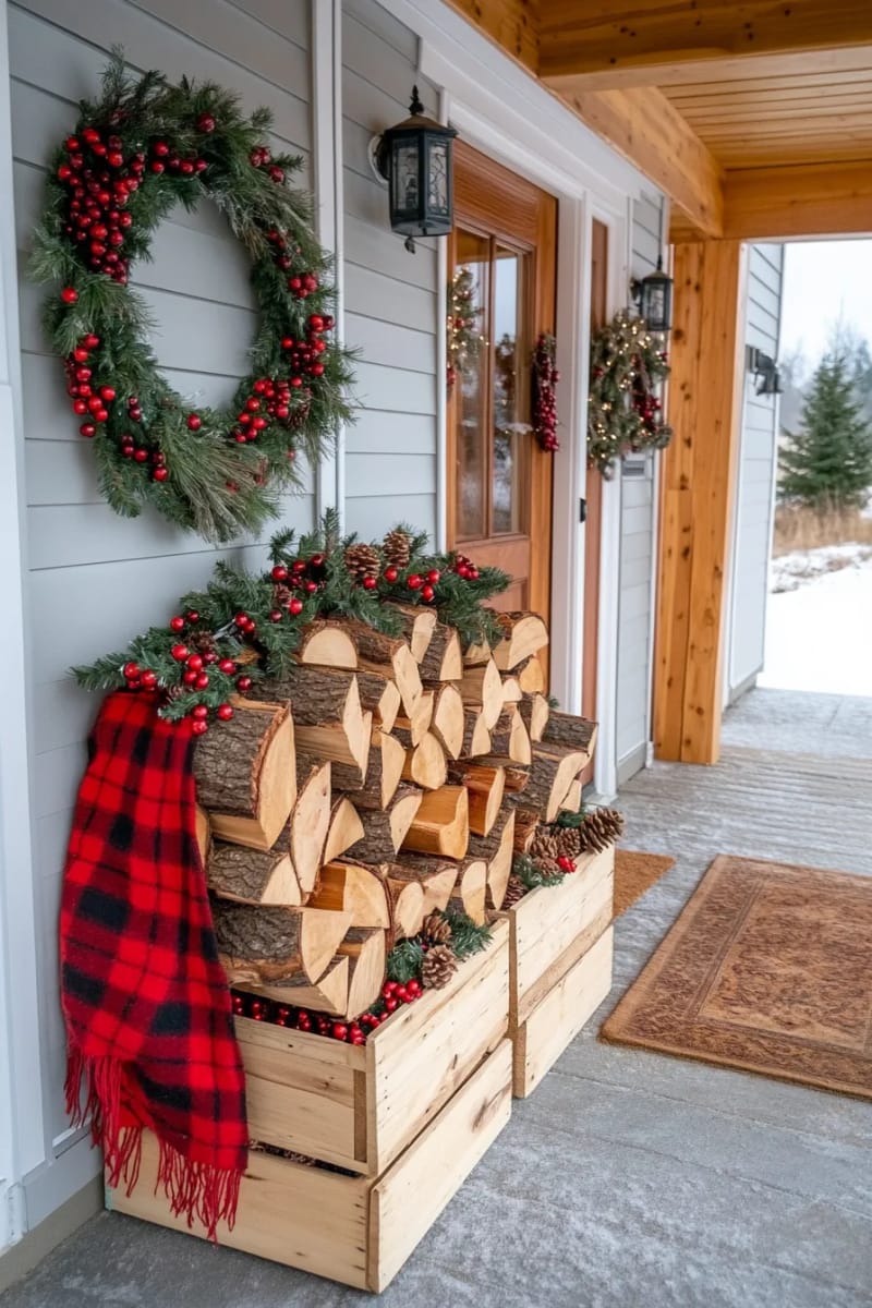 stacked firewood display with fairy lights and cranberry garlands near the entry 1