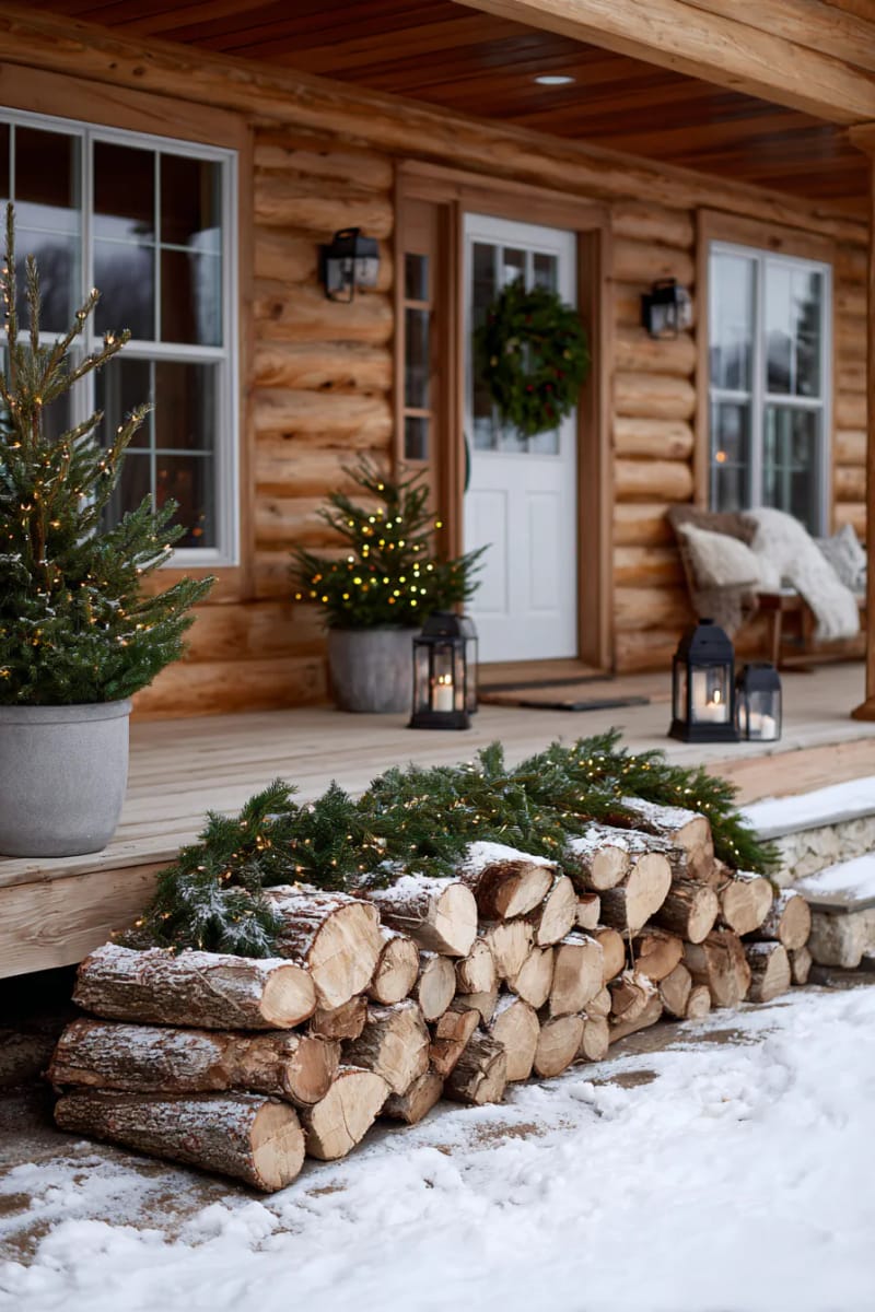 stacked firewood display with fairy lights and cranberry garlands near the entry 1