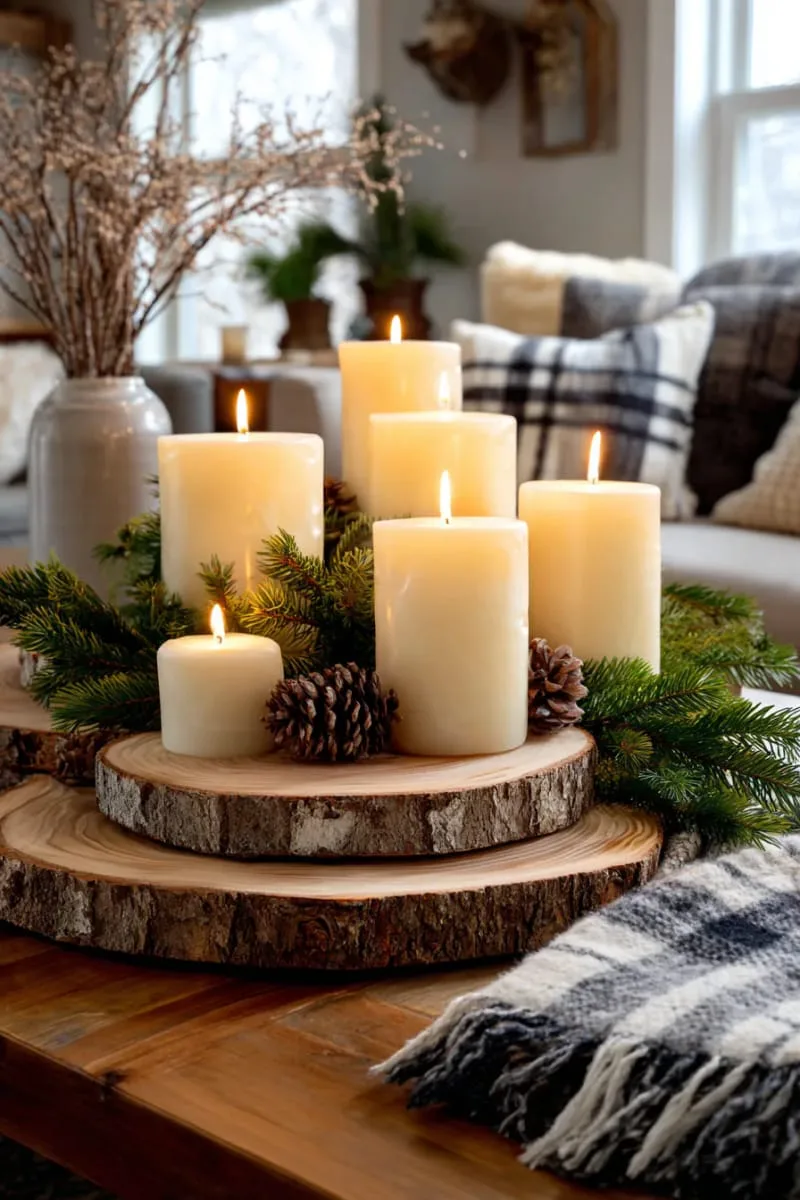 stacked wood slices topped with candles and cedar branches 1