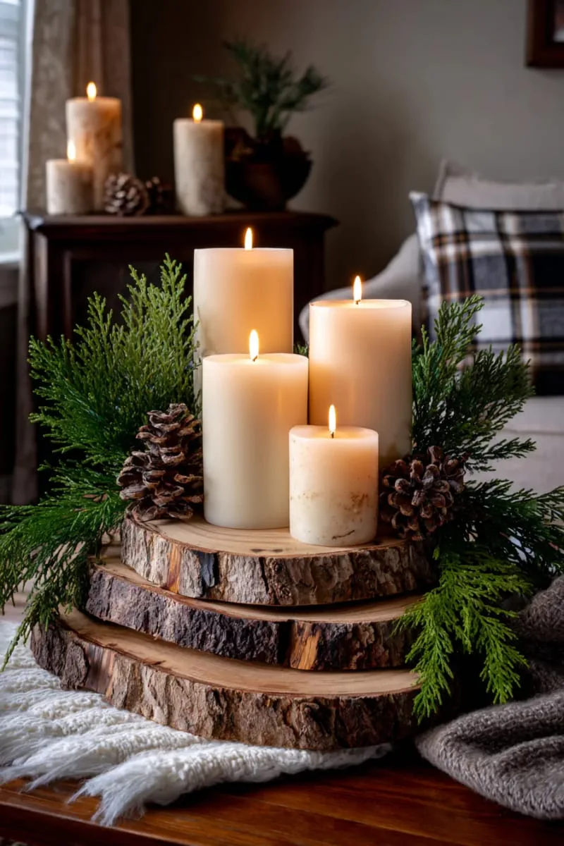 stacked wood slices topped with candles and cedar branches 1